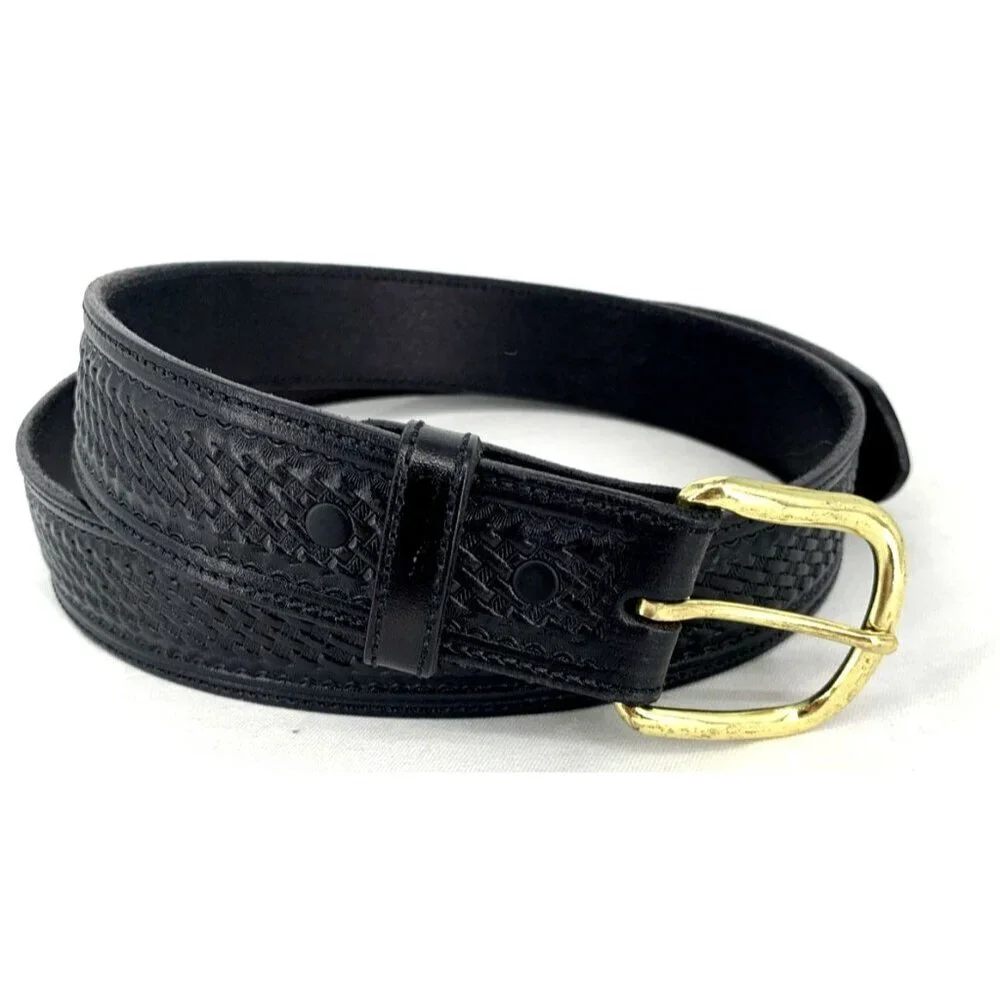Men's Belt Sz 40 Brown Leather Embossed Gold Tone Hardware USA